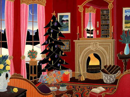 Deco Christmas - christmas, trees, fireplace, windows, snow, funriture