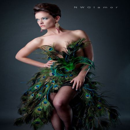 A PEACOC DRESS - beauty, woman, green, model, dress, bird