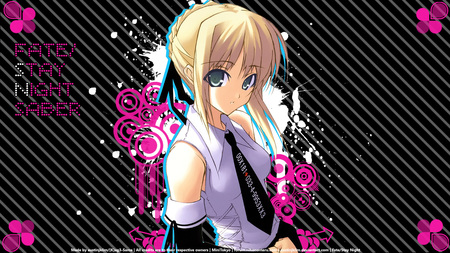 Saber - chan - saber, tie, blue ribbion, anime, blue, night, pink, flowers, school uniform, stay, pink flowers, fate stay night, fate