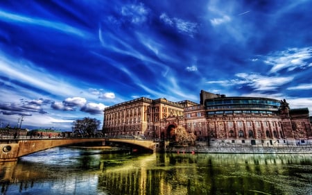 Simply Beautiful - scenery, blue, landscape, reflection, walk, dream, peace, distric, view, garden, houses, sky, clouds, trees, water, beautiful, lanterns, road, city, beauty, colors, architecture, buildings, wonderful, colorful, river, nature, historic, peaceful, bridge, building