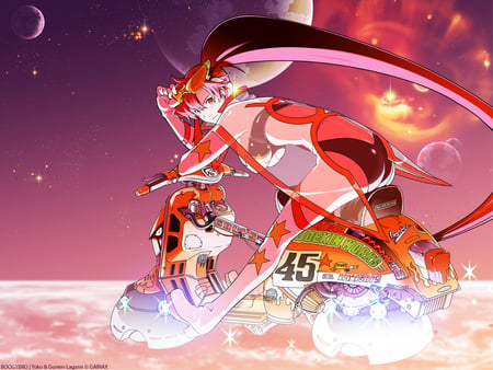 Yoko Ritona - beauty, redhead, hot, yoko ritona, colorful, anime girl, fire, yoko, clouds, cute, moon, stars, sexy, flames, long hair, space, gurren lagenn, beautiful