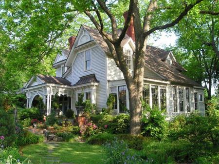 Beautiful House Flowers Garden - house, trees, white, beautiful, art photo, grass, flowers garden