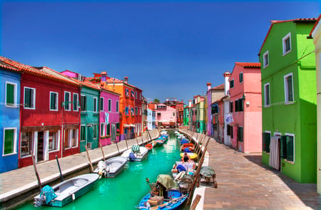 Rainbow - water, rainbow, houses, colours