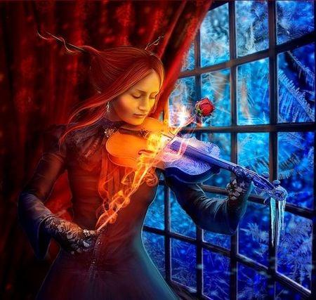 VIOLINE WITH FIRE AND ROSE - red, digital, rose, dimensions, different song, blue, art, fire violine, 3d, music, woman