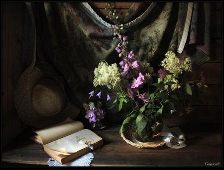 Cabin Flair - glass, glasses, fabric, book, country, vase, straw hat, wild, table, lace, doily, mix, flowers