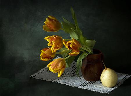 Colour Splash - vase, yellow, stems, spring, still life, bouquet, leaves, flowers, tulips, lacey, floral, apple, doily