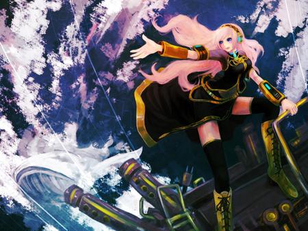 Megurine Luka - aqua, headset, music, thighhighs, white, cool, aqua eyes, earth, song, vocaloids, program, vocaloid, beautiful, pink, diva, nice, beauty, sky, singer, black, virtual, pretty, clouds, megurine luka, idol, anime, cute, megurine, luka, girl, pink hair, machine, microphone, headphones, blue, awesome