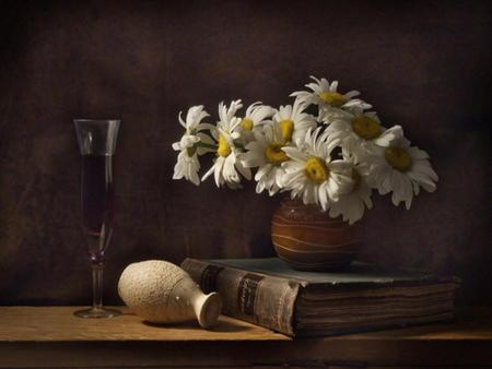 The Book On Daisy - book, table, spring, still life, vases, flowers, daisies, wine, cut, glass