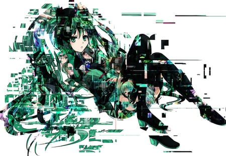 Hatsune Miku - virtual, hatsune, black, cute, beautiful, vocaloids, song, abstract, girl, white, calloge, singer, program, aqua eyes, artistic, pretty, cool, aqua, beauty, awesome, vocaloid, thighhighs, anime, diva, art, nice, skirt, aqua hair, idol, music, hatsune miku