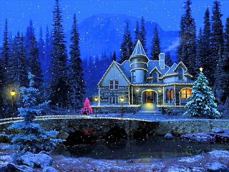 Come for a visit - trees, mountains, creek, home, evening, artwork, blue dreams, house, pond, bridge, xmas and new year, christmas trees, winter, christmas, christmas time, love four seasons, holidays, forest, snow, blue, twilight, lights