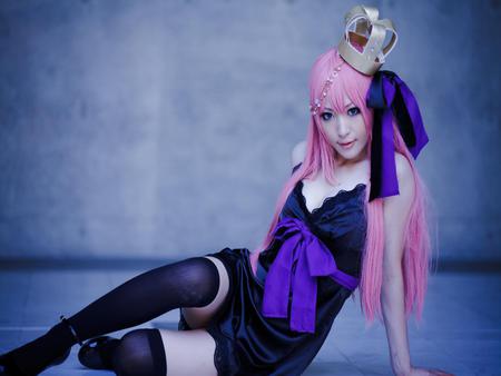 Megurine Luka by Usagi - nice, costume, beauty, female, hot, crown, black, model, pretty, cool, megurine luka, idol, anime, megurine, cute, luka, actress, sexy, girl, pink hair, bow, vocaloid, pink, beautiful, awesome, gray, cosplay, diva