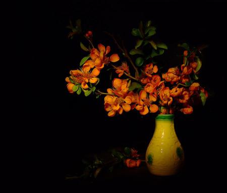 Orange  Sun - vase, blossoms, yellow, orange, bouquet, flowers, black, green, bbackground, cut, glass