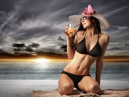 Sunset Girl - female, beach, bikini, swimwear, nice, sun, hat, beautiful, photography, ocean, flower, black, nature, sunset, lady, woman, model, glass