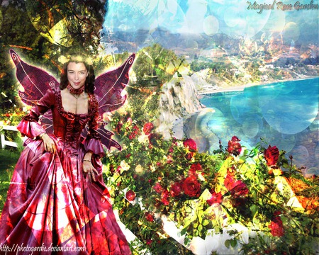 magical_rose_garden - cloud, red, rose, flowers, lake, wings, fantasy, nature, angel