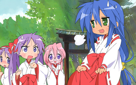 Lucky Star Shrine Maidens - kagami hiiragi, konata izumi, konata, blue, miyuki takara, pink, long hair, kagami, purple, twin tails, lucky star, tsukasa, tsukasa hiiragi, madien, glasses, pony tail, miyuki