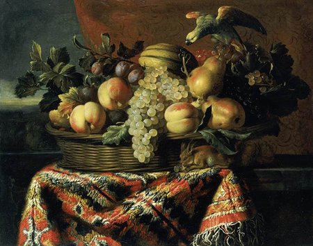 Autumn Eats - melons, wicker, bird, fabric, vines, plums, table, pattern, leaves, basket, peachespears, grapes, fruits, squirrel