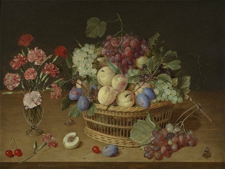 Bouquet Of Fruit - glass, plums, pears, basket, wicker, carnations, vase, cherries, still, fall, pink, table, leaves, grapes, flowers, vines