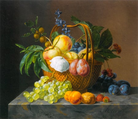 On Display - peaches, plums, fruits, basket, berries, marble, wicker, nature, colours, leaves, grapes, flowers, twigs