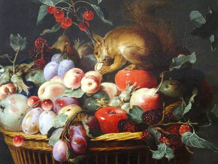 To Tempting - peaches, squirrel, plums, fruits, pears, basket, still life, berries, apples, wicker, cherries, colours, leaves, vines