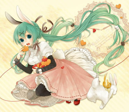 Hatsune Miku - nice, beauty, aqua, music, twintail, singer, aqua hair, cookies, virtual, hearts, pretty, cool, idol, petals, anime, miku, aqua eyes, cute, hatsune miku, girl, song, hatsune, vocaloids, program, ears, vocaloid, pink, beautiful, awesome, diva, dress