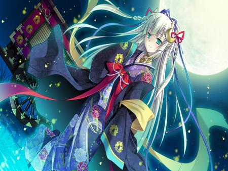 Beautiful Night - beauty, nice, sky, aqua, ribbons, twintail, pretty, dark, cool, clouds, anime, fireflies, aqua eyes, kimono, cute, moon, stars, night, glow, blue, pink, awesome