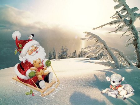 Santa and lamb - holiday, santa, christmas, snow