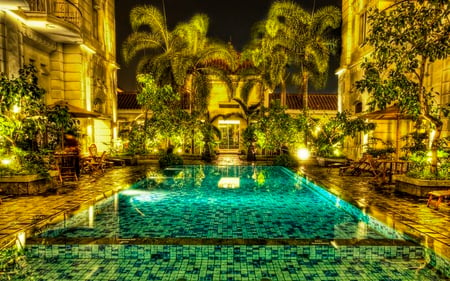 Beautiful - swimming pool, design, rooms, chairs, villa, umbrellas, view, modern, window, reflection, cool, golden, building, buildings, chair, beautiful, leaves, beauty, trees, peaceful, water, hotel, man made, architecture, green, house, houses, swim, wet, lovely, gold, pool, lights