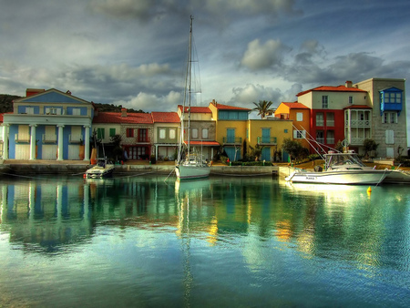 Peaceful Place - boat, reflection, sailboats, sailing, marina, towns, view, cities, houses, sky, clouds, house, trees, water, beautiful, sea, vacations, beauty, colors, lovely, architecture, buildings, homes, boats, colorful, sailboat, lakes, peaceful