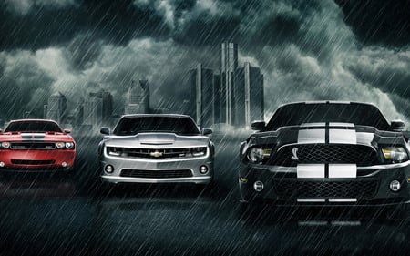 american muscle cars - clouds, cars, road, travel, automobile, dark, american, fast, red, blacksilver, rain, hd, prettysky, muscle