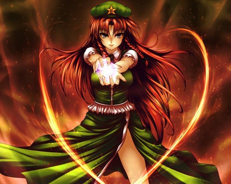 Hong MeiLing - pretty, anime, magic, female, maiden, dress, long hair, red head, red hair, touhou, fire, nice, abstract, anime girl, beautiful, hot, girl, flame, beauty, sweet, lady, green, cute, sexy