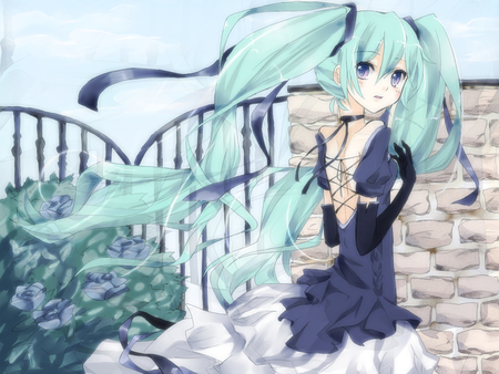 Hatsune Miku - twin tails, anime, vocaloid, blue dress, girl, looking away, miku, hatsune, ribbons