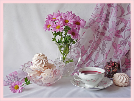 still life - nice, photography, bouquet, still life, elegant, cool, harmony, drink, tea, gentle, cup, cake, beautiful, pink, jug, flowers, photo, flower