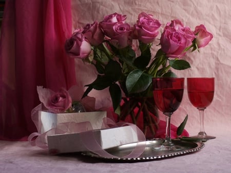 still life - roses, cups, elegant, romance, pink, photo, flowers, wine, holiday, box, nice, vase, beautiful, photography, cool, still life, flower, bouquet, drink, harmony, rose, gift