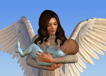 angel mom - wings, fantasy, baby, anime, angel