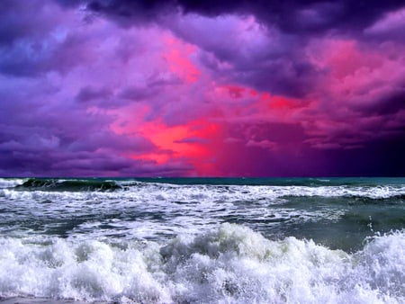 Harmony - clouds, blue, waves, ocean, pink, sky