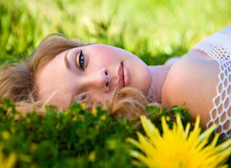 DREAMING WITH NATURE - woman, beauty, bed, nature, yellow, green, flowers, dreamer, grass, dreaming