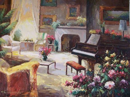 The Music Room - piano, tables, window, curtains, chairs, room, flowers, music, fireplace, stool, plants, pictures