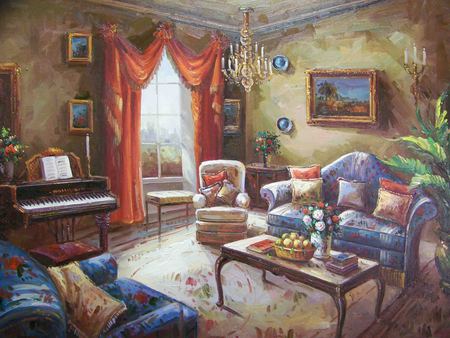 Comforts Of Home - chairs, couch, tables, home, piano, window, treasured, pictures, treasures, curtains, pillows, plants, living room, fruit, heritage, bright, red, big, flowers, lights