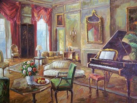 Family Roots - windows, homestead, room, chairs, tables, stool, piano, couches, family, pictures, treasures, house, curtains, fruits, fireplace, heritage, traditions, flowers, memories