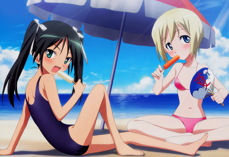 Sky Girls - girls, anime, umbrella, beach, sky girls