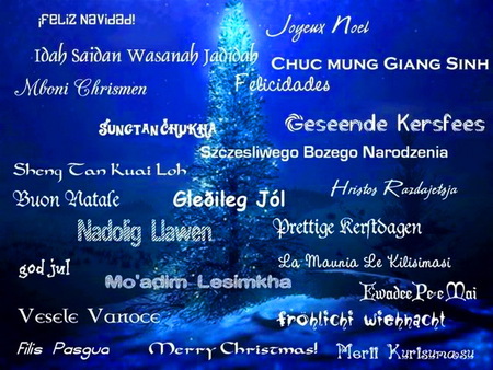 Touching all - christmas, many languages, greetings, merry christmas, tree, blue background