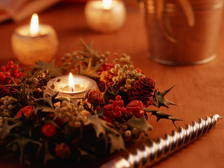 Xmas glow - glow, brown, romantic, candles, beautiful, wreath, votives, fire