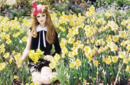 Cintia Diker - people, red, hair, beautiful, fashion, daffodil, garden, model