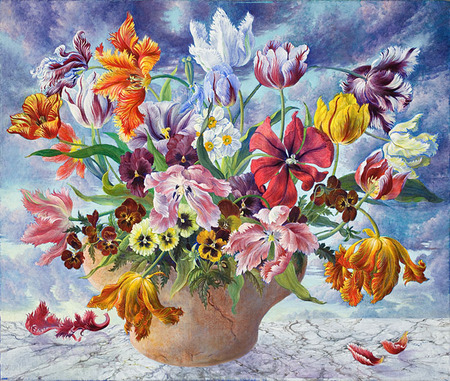 Rembrandt Tulips - pot, tulips, petals, painting, floral arrangement