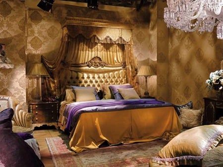 Golden room - goldm pillows, purple, beautiful, headboard, chandelier, lamp, sheets, bedroom