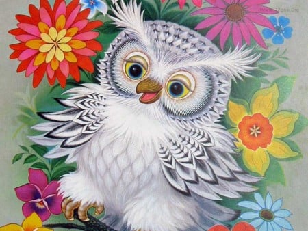 Owl - owl, abstract, flower, painting