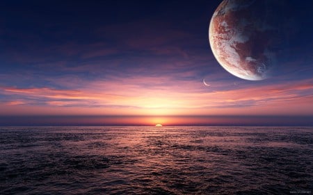 for you - moon, blue, planet, beautiful, ocean, space, sunset, purple, waves, solitude