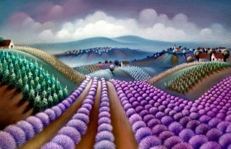 Lavender Fields Forever - houses, hills, lavender field, clouds, lavender