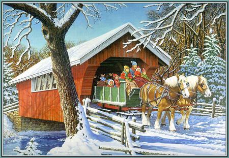 over the bridge - sky, fence, people, trees, water, horse, wagon, snow, bridge