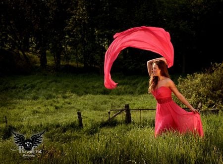 BEING PART OF NATURE - woman, trees, veils, wind, nature, forest, red, green, grass, dress